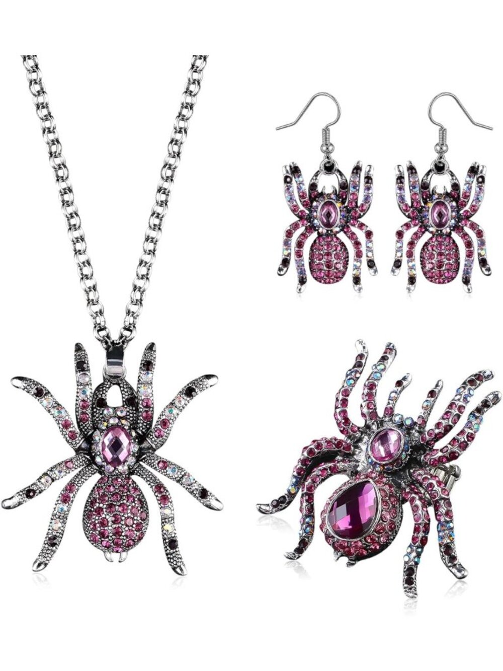 Gothic Halloween Spider Jewelry Set - Crystal Rhinestone Necklace, Earrings